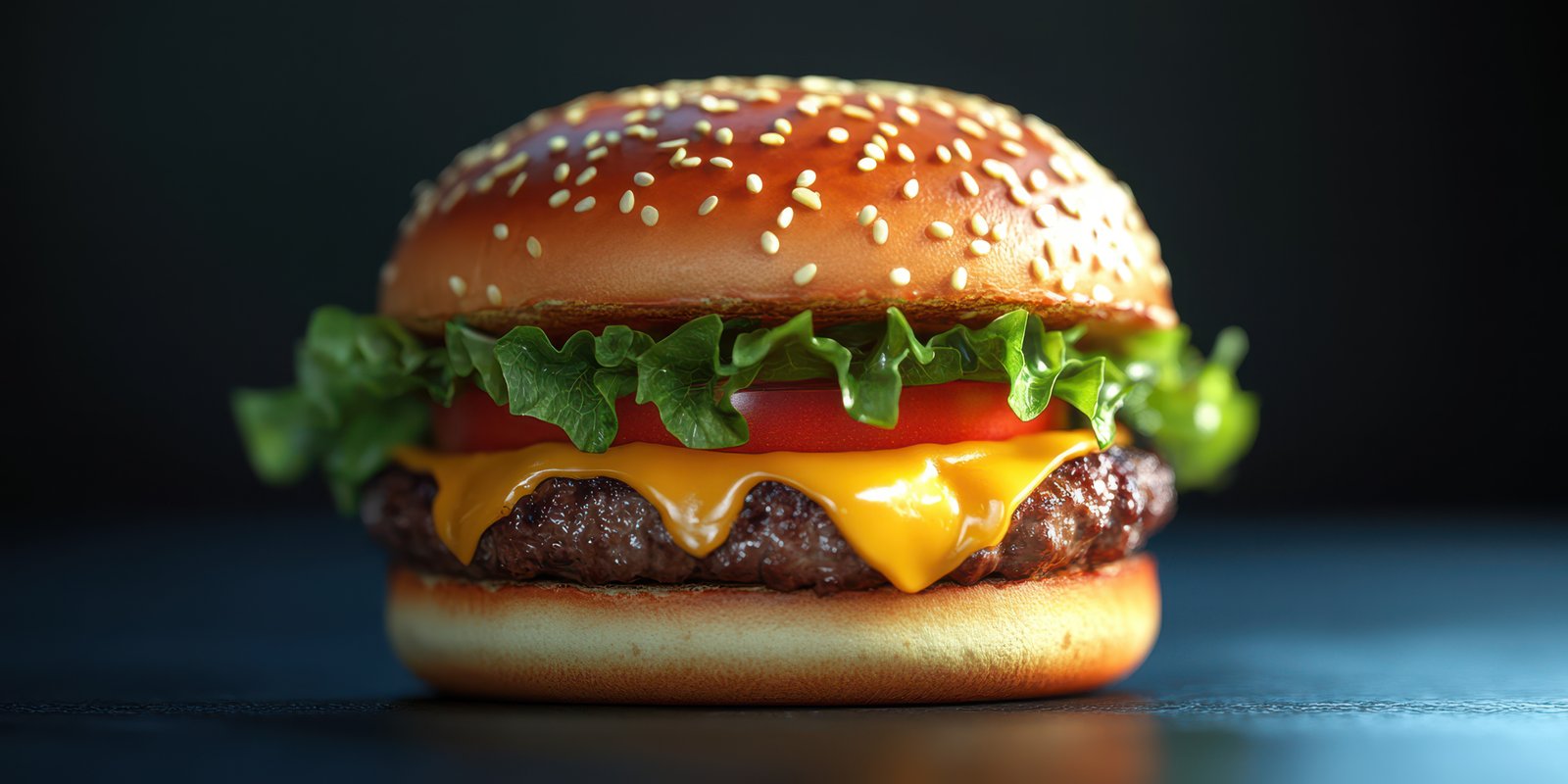 Juicy cheeseburger with lettuce and tomato sitting on a dark table background highlighting its freshness and flavor